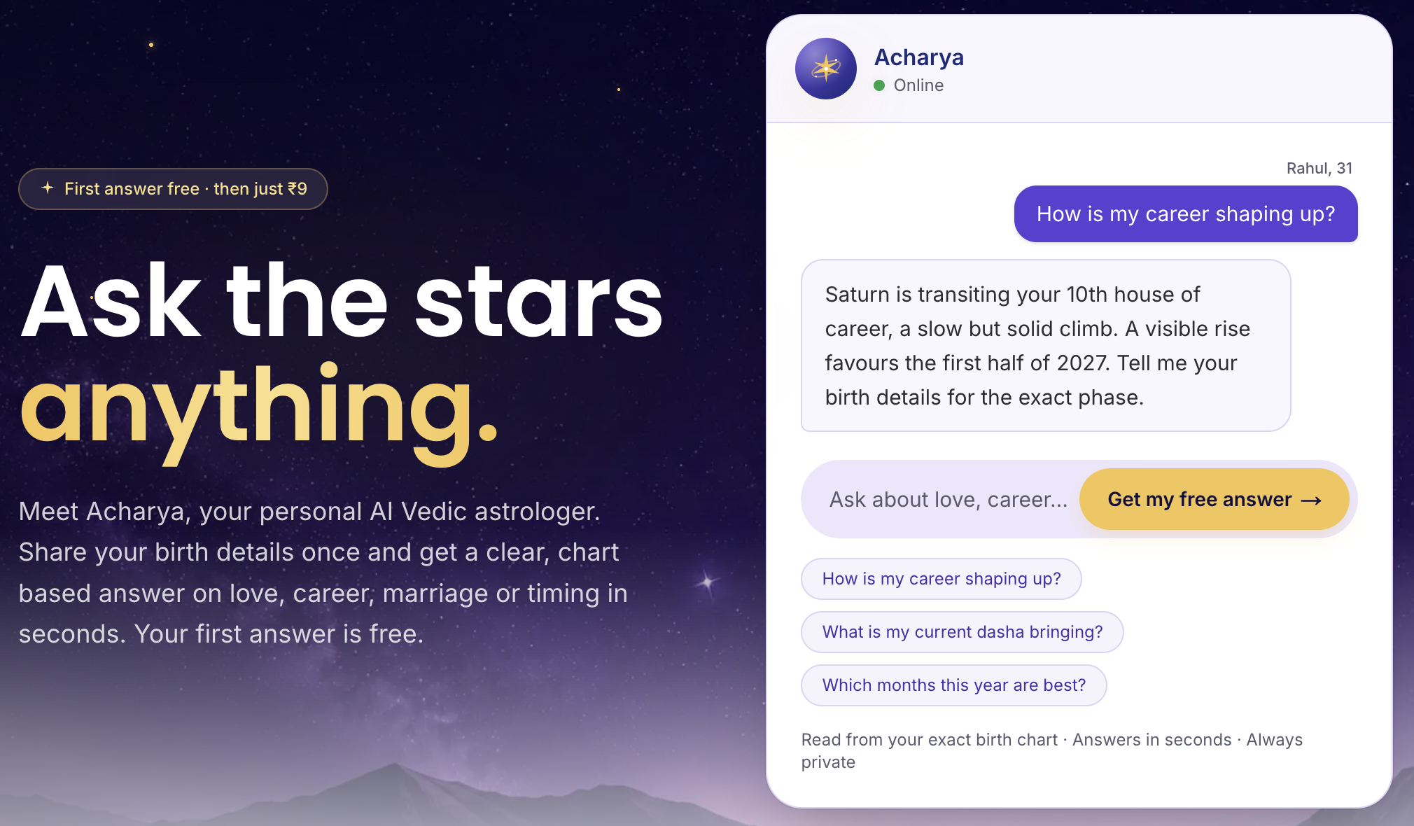 A browser prompt beside a kundali wheel with a privacy cue, showing a private question setup for Acharya